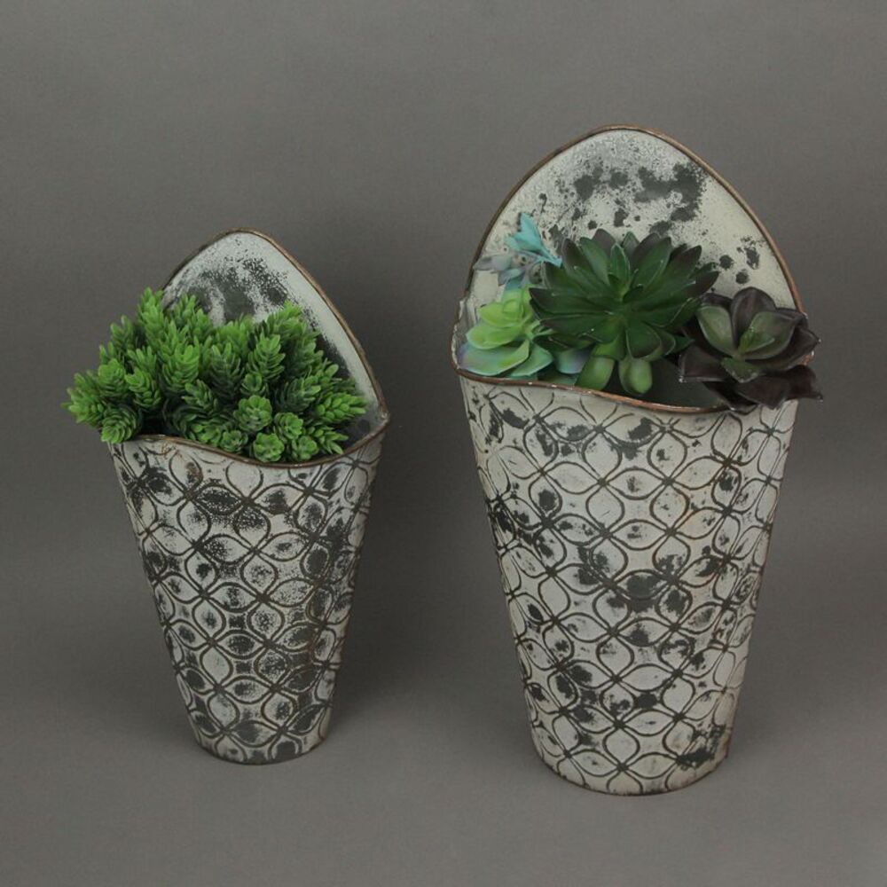 Antiqued Gray Enamel Painted Embossed Metal Wall Pockets Set of 2 - Picture 2 of 3